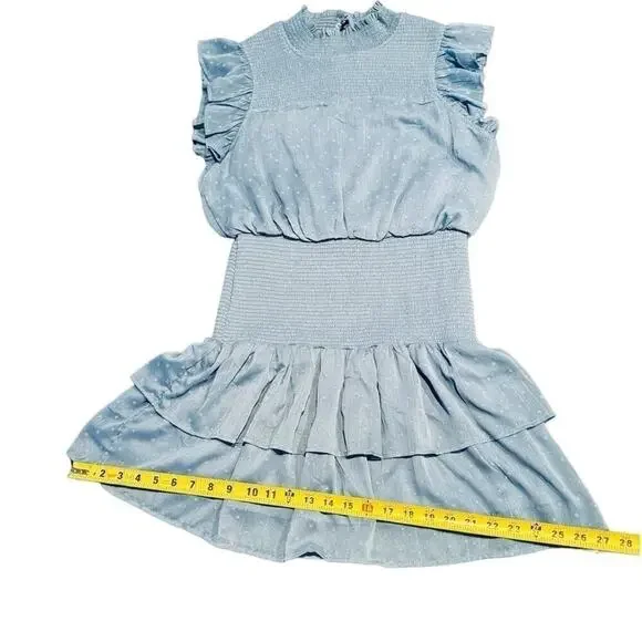 Aqua Ruffle Dress Smocked Short Sleeve Blue Swiss Dot Womens size Large - Picture 10 of 15